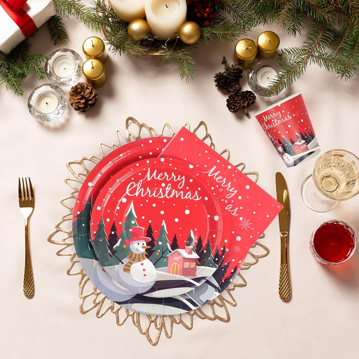 96 Stück Pappteller Weihnachten, Partygeschirr Set Weihnachtsparty Pappteller Servietten Pappbecher