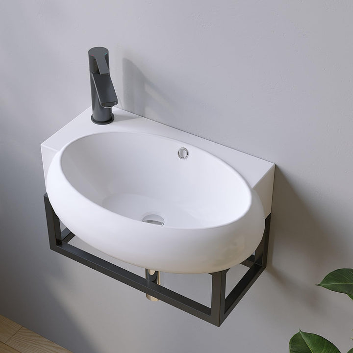 Waschbecken Keramik Waschtisch Hängewaschbecken klein Handwaschbecken Weiss Eckig-Oval 44 x 29 cm Ba