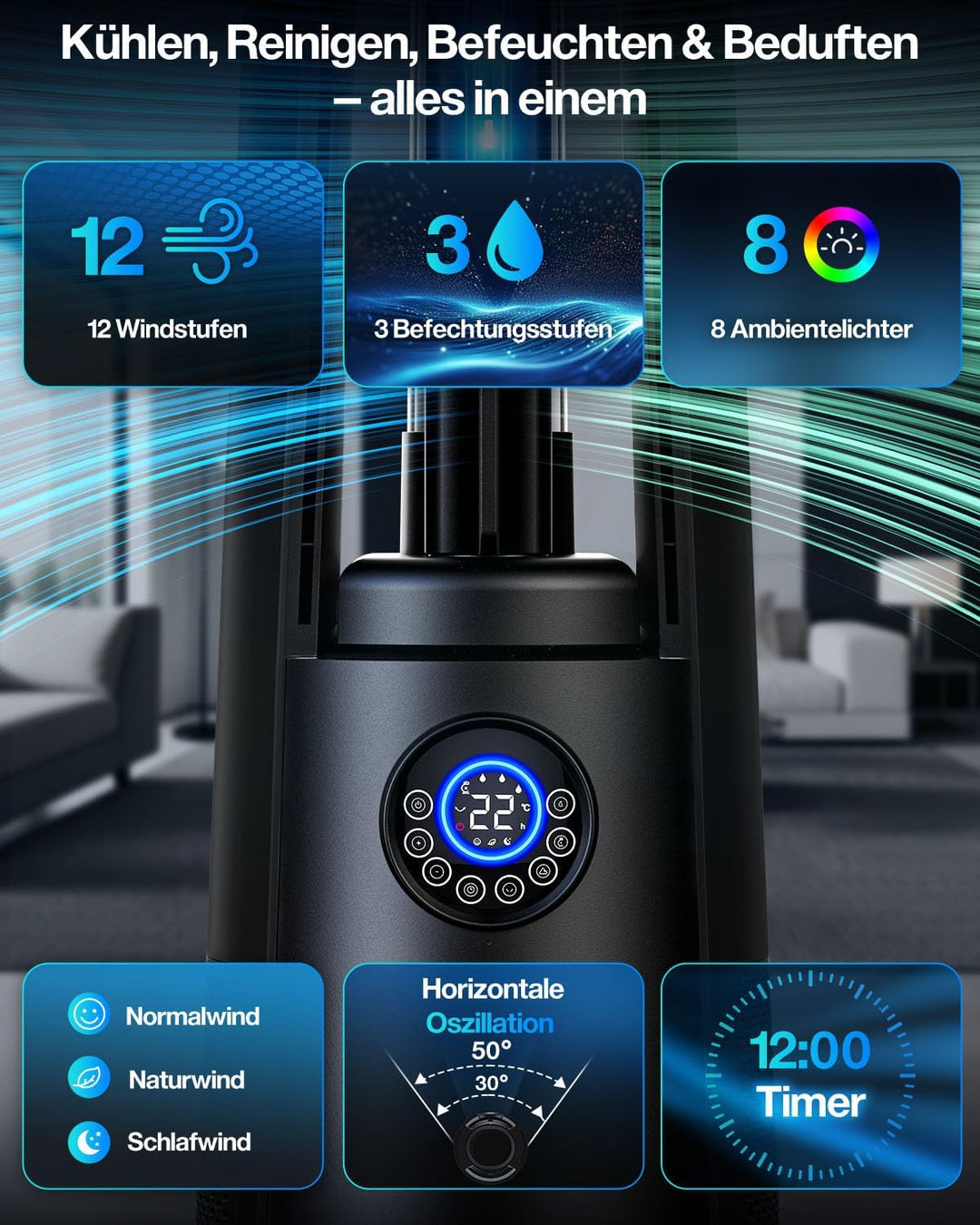 4-in-1 Leiser Turmventilator mit Wasserkühlung, Luftreiniger & Beduften, Standventilator mit Befeuch