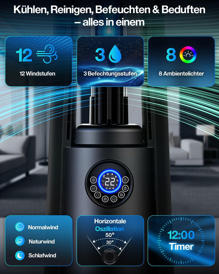 4-in-1 Leiser Turmventilator mit Wasserkühlung, Luftreiniger & Beduften, Standventilator mit Befeuch