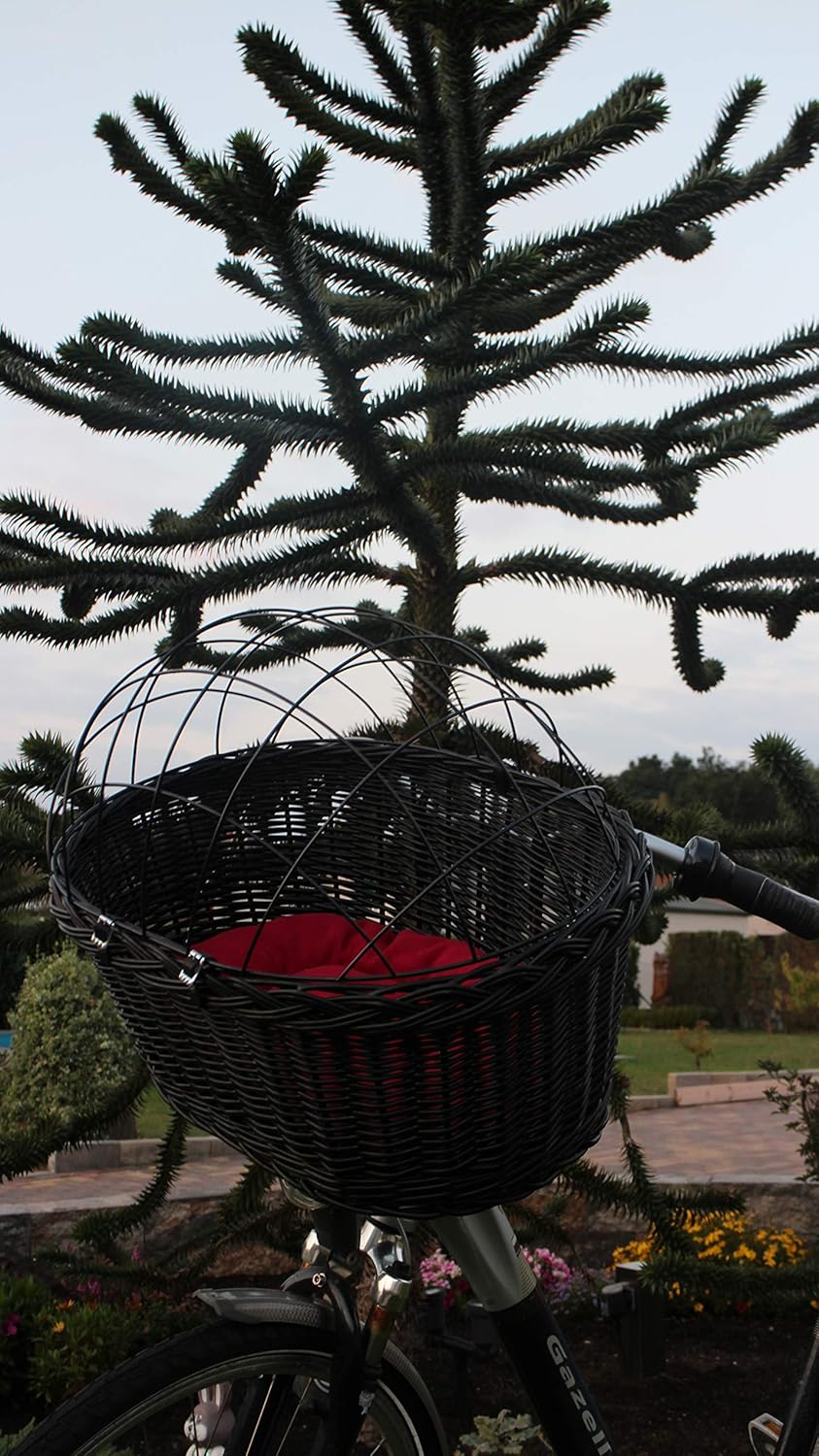 Marcus Hundefahrradkorb für Fahradlenker aus Weide mit Metallgitter und Kissen in Schwarz Lenkrad We
