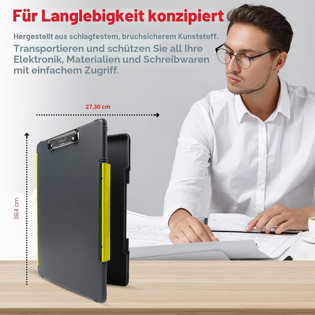 Dexas XL Slimcase 2 Klemmbrett zur Aufbewahrung, legale Grösse, Kunststoff, Grau mit gelbem Clip, 15