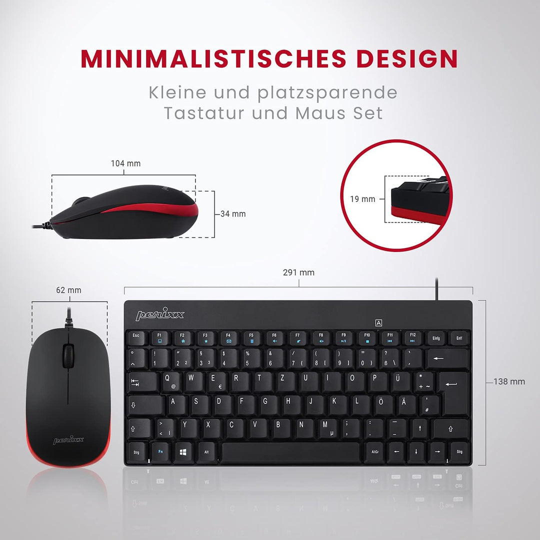 Perixx PERIDUO-212 DE, Kompaktes Mini Tastatur und Maus Set, USB-Kabel, Schwarz, Deutsches Layout Sc