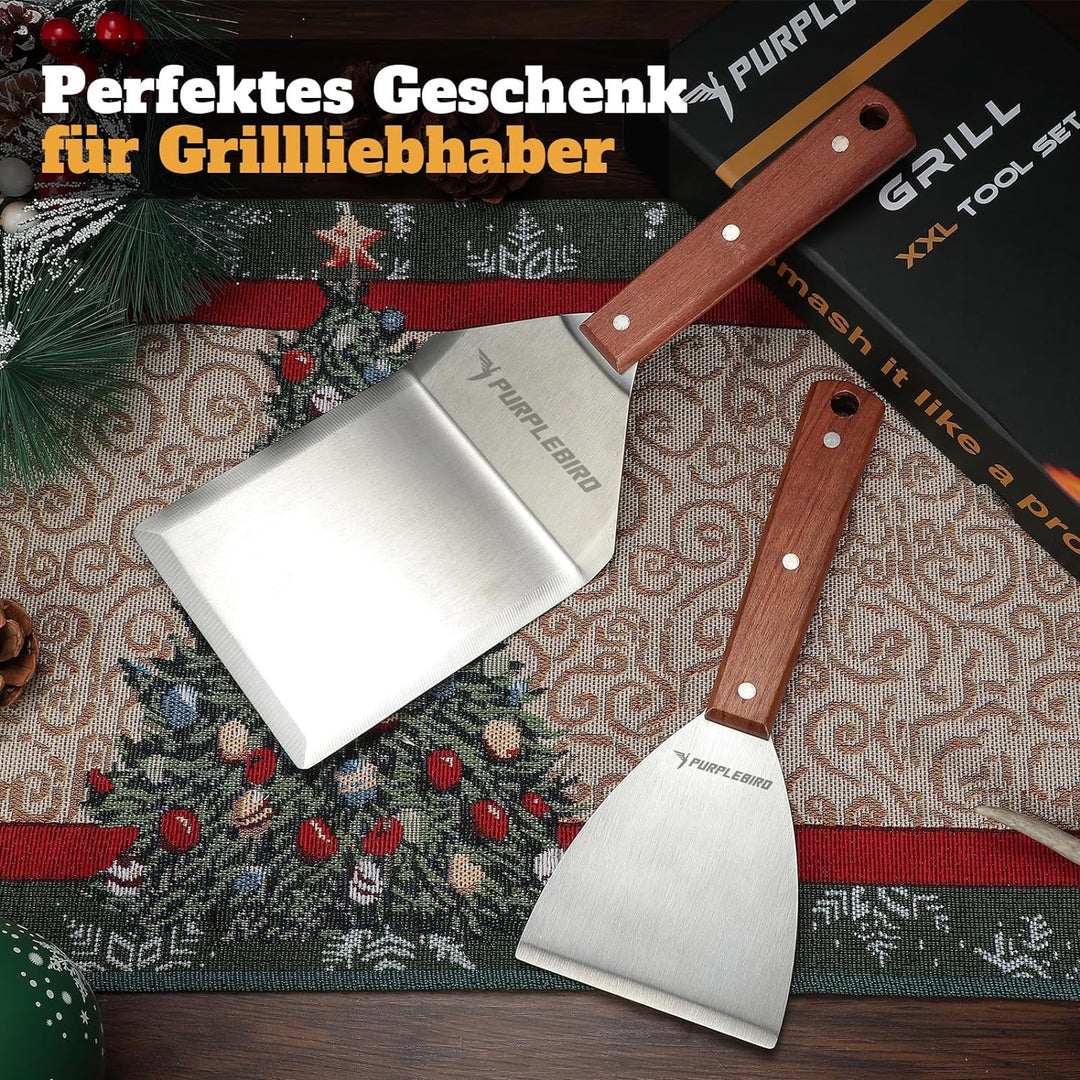 PURPLEBIRD Grillspachtel Set aus Edelstahl, Plancha Spachtels Set mit Gross Grillwender für Smash Bu