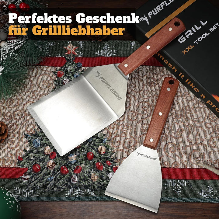 PURPLEBIRD Grillspachtel Set aus Edelstahl, Plancha Spachtels Set mit Gross Grillwender für Smash Bu