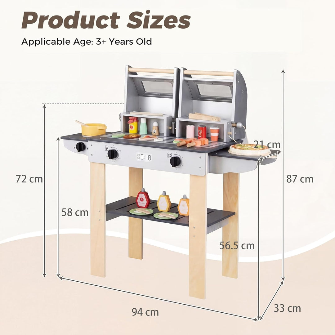 HOMASIS Kinder Grill Spielzeug aus Holz, BBQ Kindergrill-Spielset mit 2 Grillrosten, Verschlussdecke