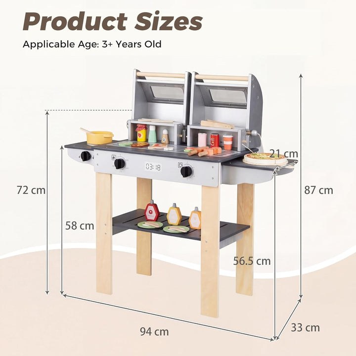 HOMASIS Kinder Grill Spielzeug aus Holz, BBQ Kindergrill-Spielset mit 2 Grillrosten, Verschlussdecke