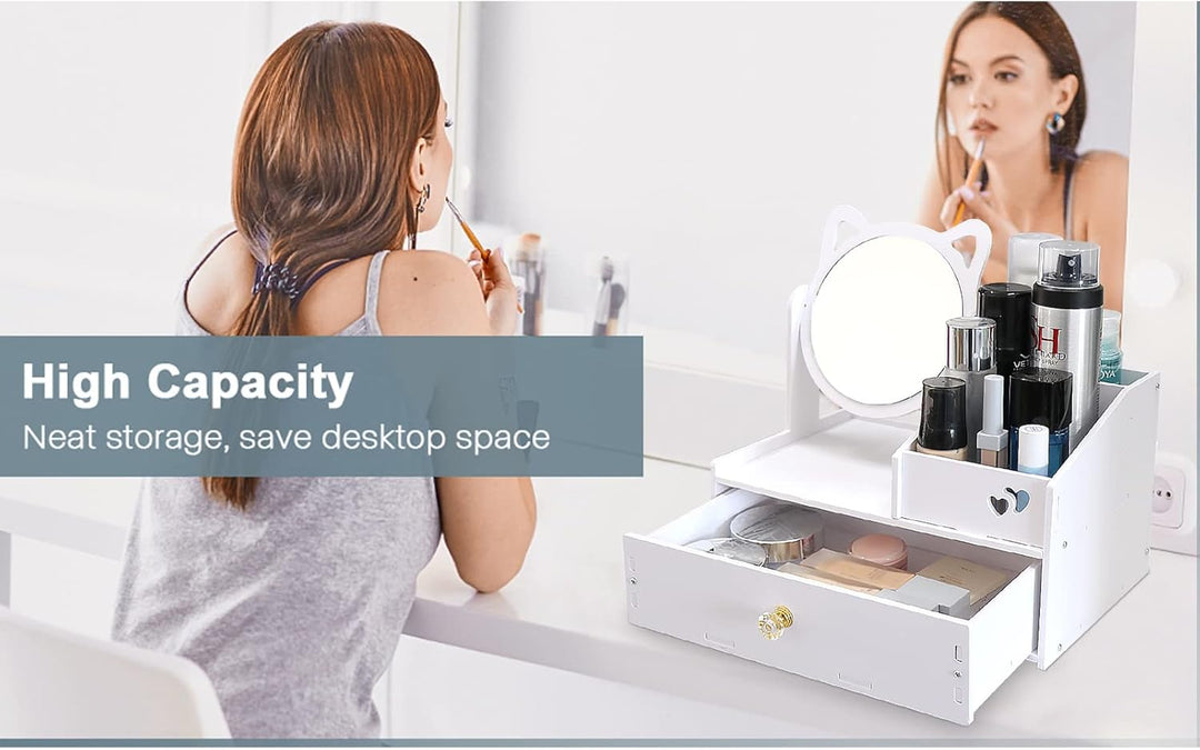 Cosmetic Organizer, Schminktisch Organizer mit Spiegel, White Desktop Kosmetik Organizer, Weiss Make