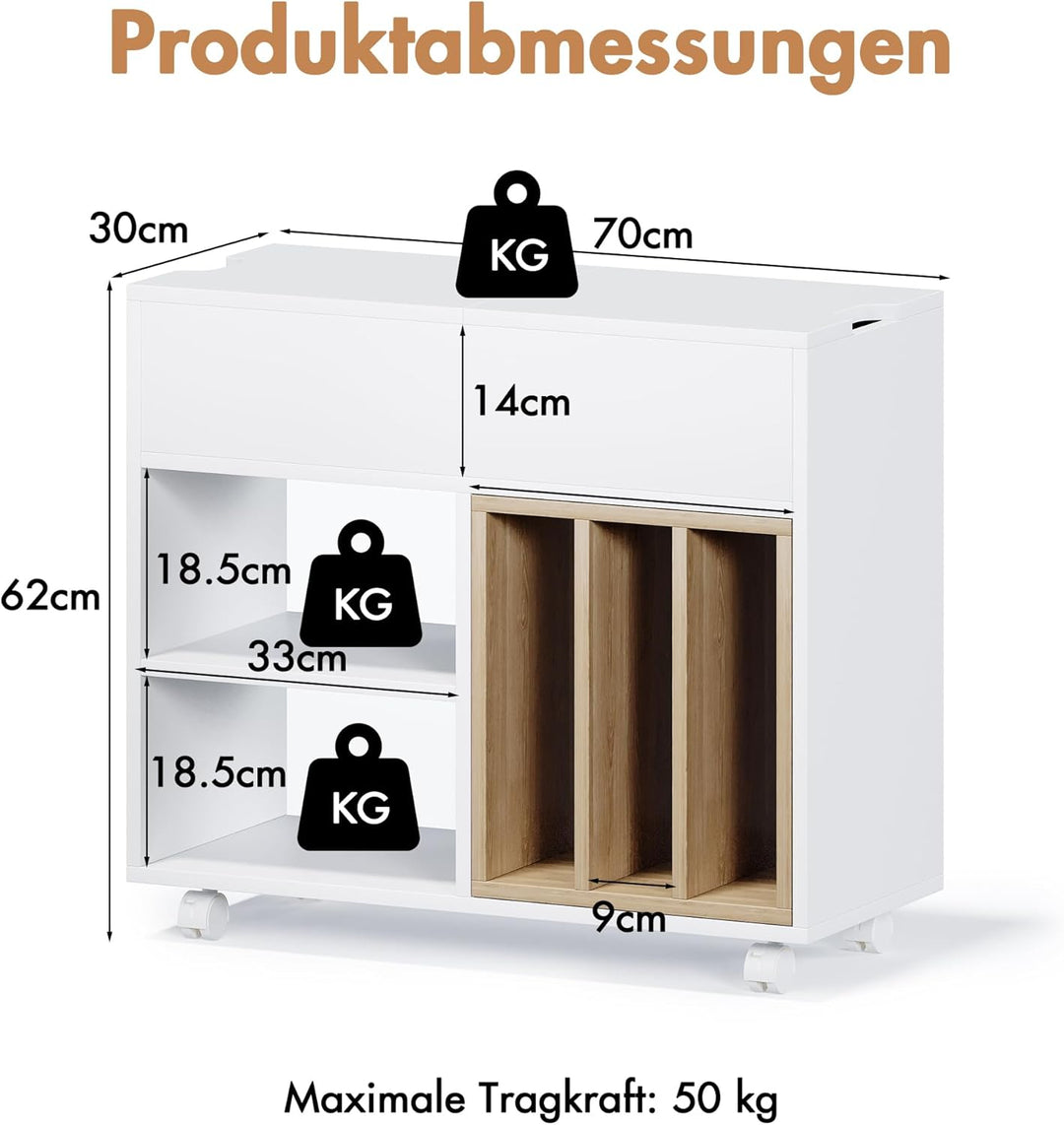 Rollcontainer,Mobiler Aktenschrank mit 4 Rollen,Büroschrank mit Abnehmbarer Bücherablage,2 Klappdeck