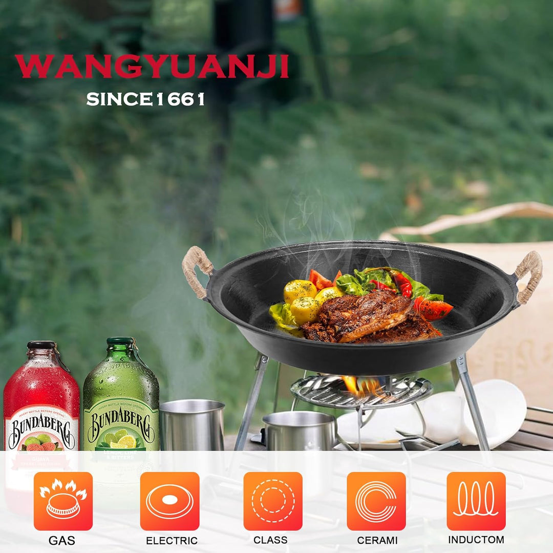 WANGYUANJI Gusseisenpfanne 36 cm – Grosse Grillpfanne mit zwei Griffen, Für Gas-, Elektro- & Indukti