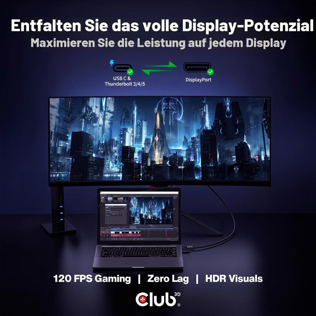 Club3D USB C auf DisplayPort Kabel 1.4 8K 60Hz, 4K 120Hz und Displayport auf USB C bidirektional, 1,