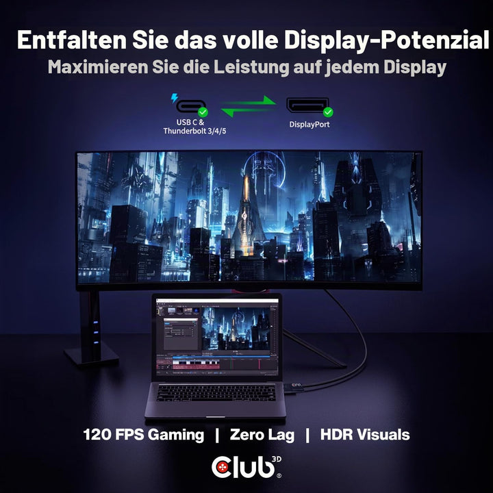 Club3D USB C auf DisplayPort Kabel 1.4 8K 60Hz, 4K 120Hz und Displayport auf USB C bidirektional, 1,