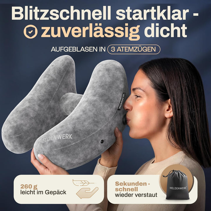 HELDENWERK® Air Nackenkissen Flugzeug Aufblasbar | Reisekissen für 5 Schlafpositionen, schnell aufbl