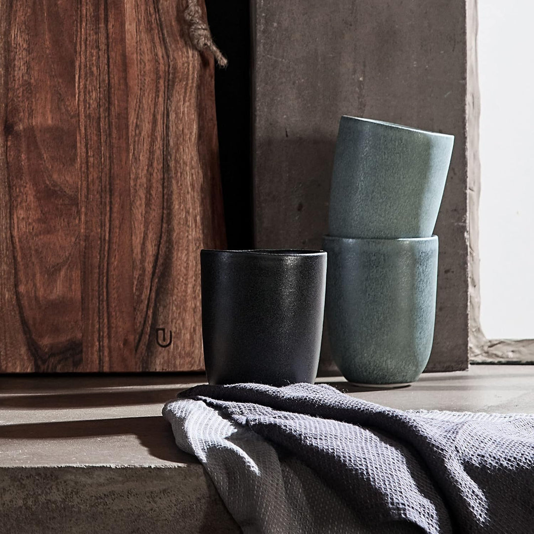 URBANARA Becher Malhou – 9.5 x 8.5 cm, Graugrün, 100% Stein, Steingut – 2er Set, Kaffeebecher Tasse