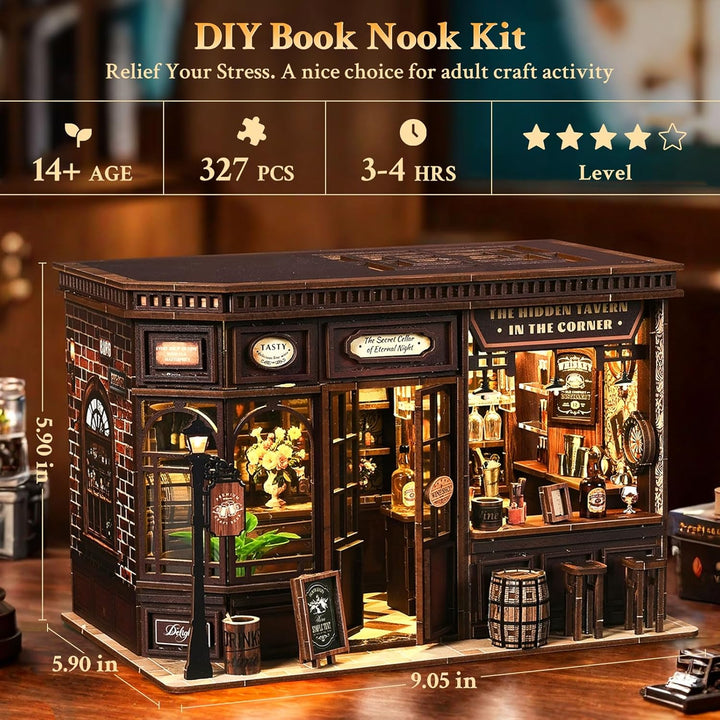 Book Nook -DIY Miniatur Haus mit LED,3D-Puzzle Diorama-Modellbau für Erwachsene,Bücherregal Deko,Vin