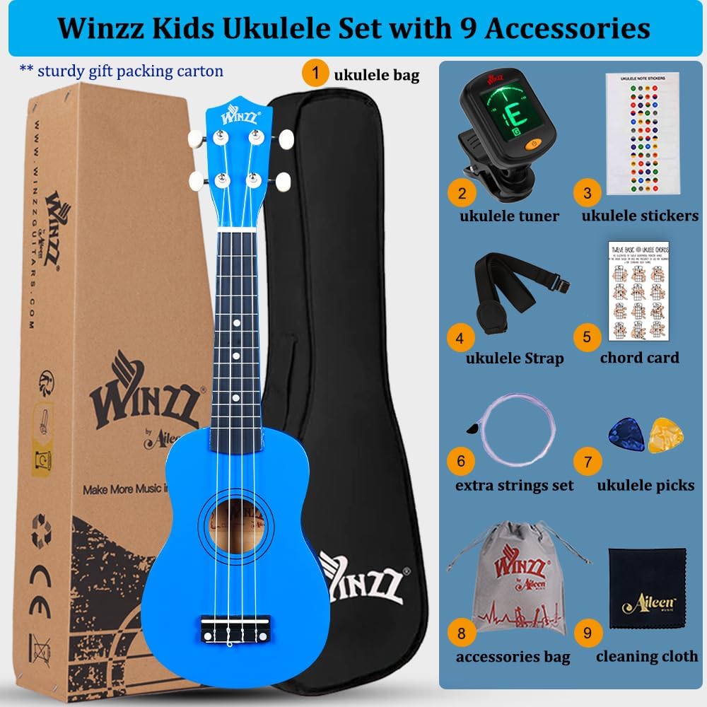 Winzz Sopran Ukulele Starter Kit für Anfänger mit Tasche, Clip-On Tuner, Zusätzlichen Saiten, Gurt,