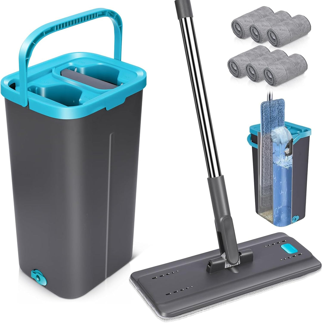 MASTERTOP Bodenwischer Set mit Eimer, Flacher Wischmopp mit 6 Mikrofaser Pads für Nass-Trockennutzun