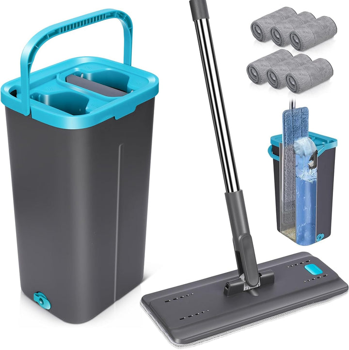 MASTERTOP Bodenwischer Set mit Eimer, Flacher Wischmopp mit 6 Mikrofaser Pads für Nass-Trockennutzun