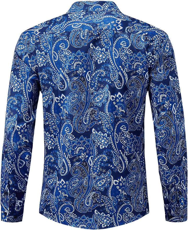 HISDERN Herren Paisley Hemd Langarm Satin Blumen Muster Hemd für Männer Jacquard Stickerei Freizeith