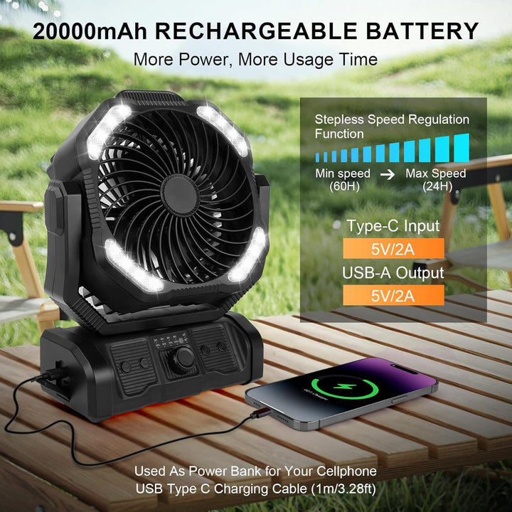 ELZO 20000mAh Camping Ventilator, Wiederaufladbarer Tischventilator USB Ventilator mit LED Licht & H