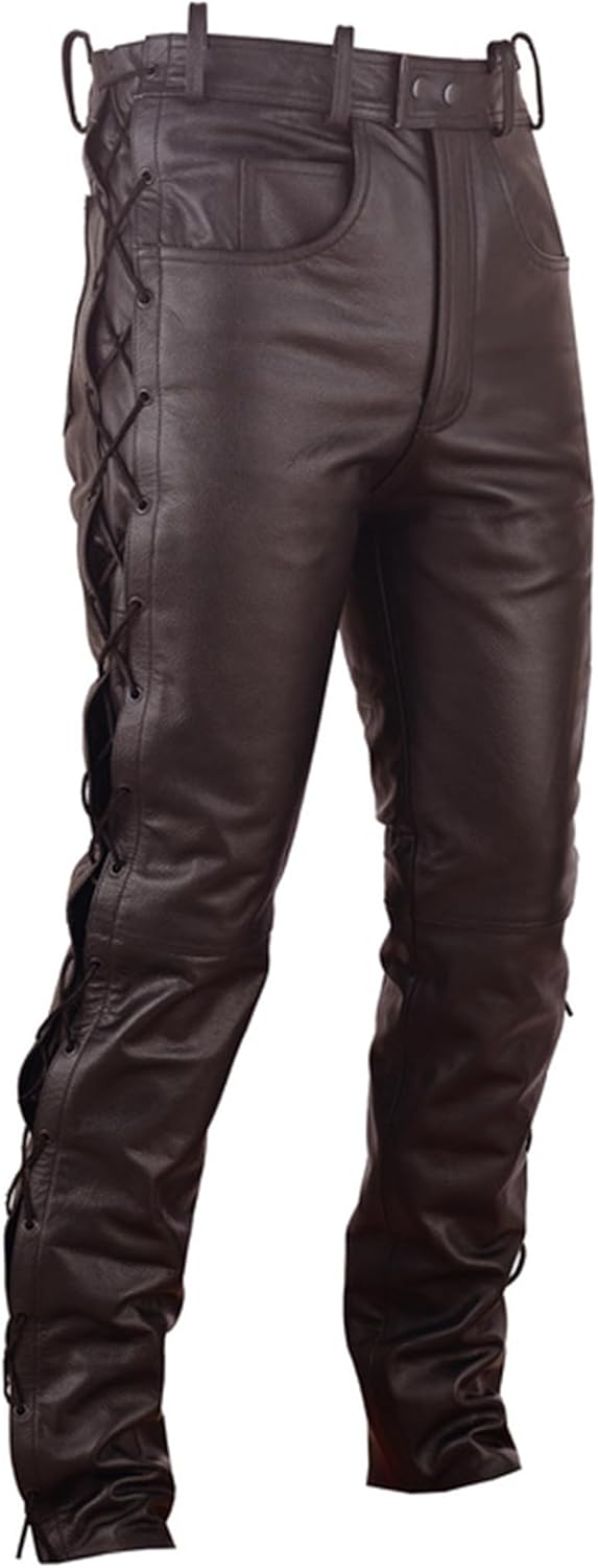 German Wear Lederhose lederjeans bikerjeans Büffelleder seitlich geschnürt Schwarz L Braun, L Braun