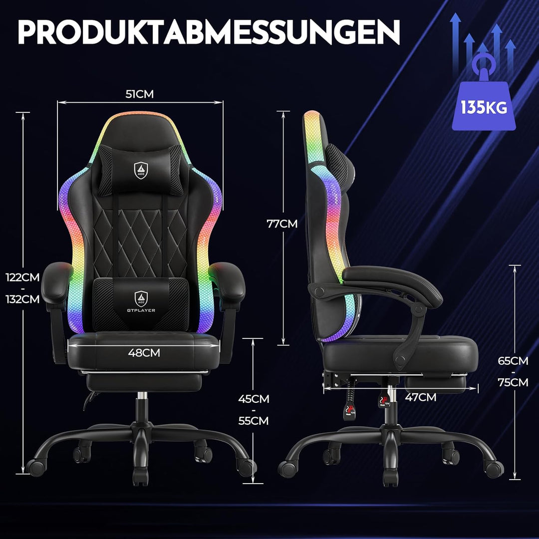 GTPLAYER Gaming Stuhl, Bürostuhl, Gaming Chair mit LED Lichtleiste, Gamer Stuhl, Rückenlehne mit Auf