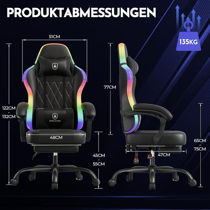 GTPLAYER Gaming Stuhl, Bürostuhl, Gaming Chair mit LED Lichtleiste, Gamer Stuhl, Rückenlehne mit Auf