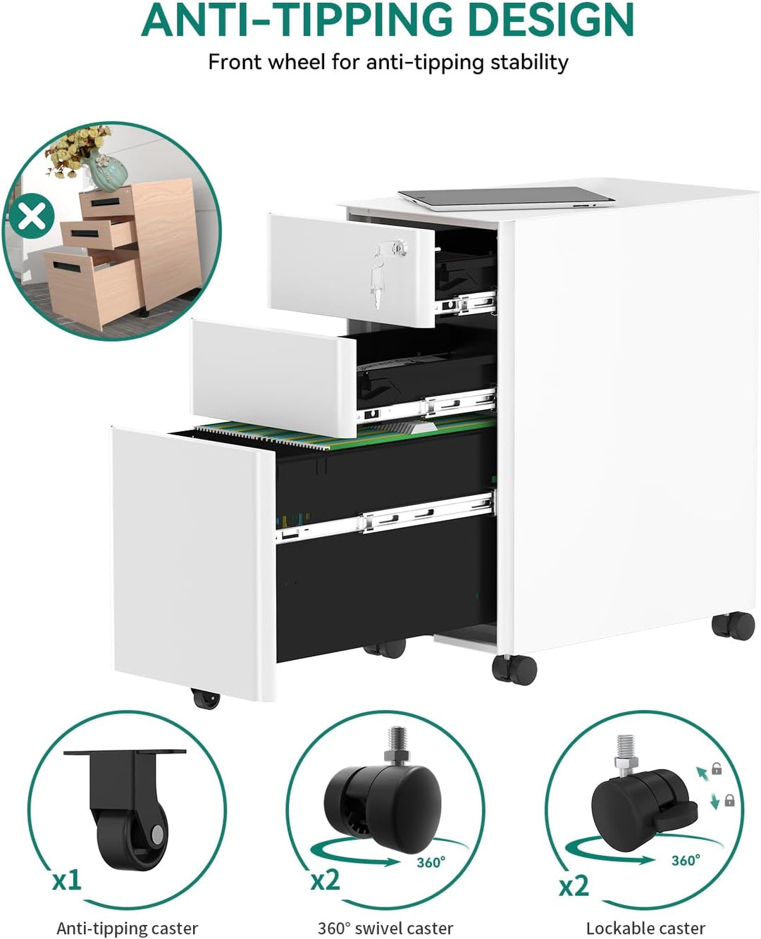 YITAHOME Rollcontainer, Abschliessbar Rollcontainer mit 3 Schubladen, Metall Mobiler Aktenschrank Bü