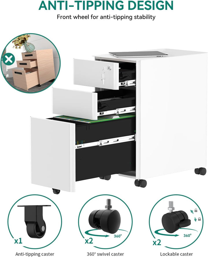 YITAHOME Rollcontainer, Abschliessbar Rollcontainer mit 3 Schubladen, Metall Mobiler Aktenschrank Bü