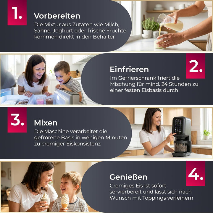 KLAMER Eismaschine, 12 Programme für Eiscreme, Gelato, Sorbet, Frozen Yogurt, Slushie & Milkshake, M