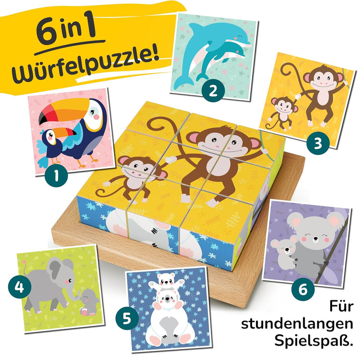 Merle Toys® 6-in-1 Würfelpuzzle ab 2 Jahre aus 100% Öko-Buchenholz, Würfelpuzzle ab 3 Jahre, Bilderw