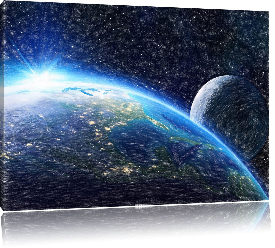 Pixxprint Erde und Ihr Mond aus dem All als Leinwandbild/Grösse: 100x70 cm/Wandbild/Kunstdruck/ferti