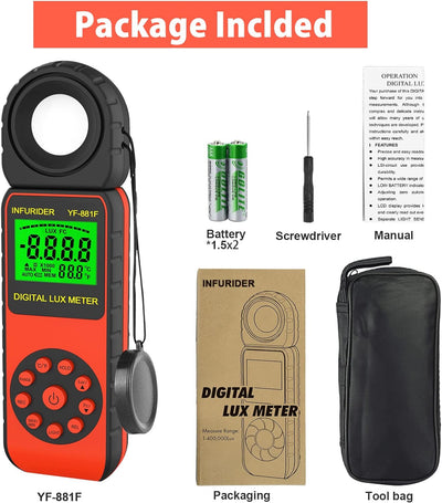 Digital Luxmeter Belichtungsmesser,INFURIDER YF-881F Lichtmessgerät mit 0,01-400.000 Lux,Illuminance