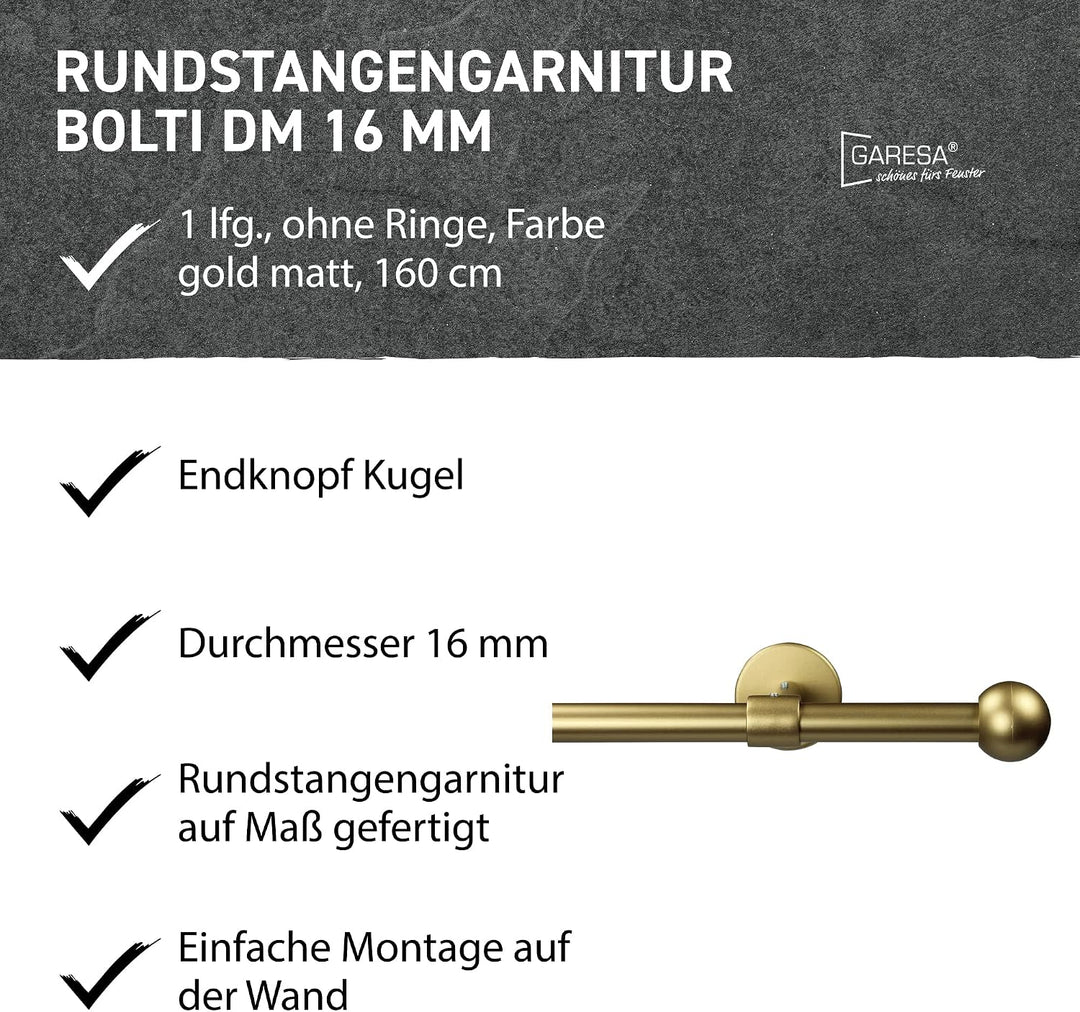 Garesa Gardinenstange Bolti Ø 16mm, 1-läufig, Gold, matt I Stabile Vorhangstange ohne Ringe I Mit En