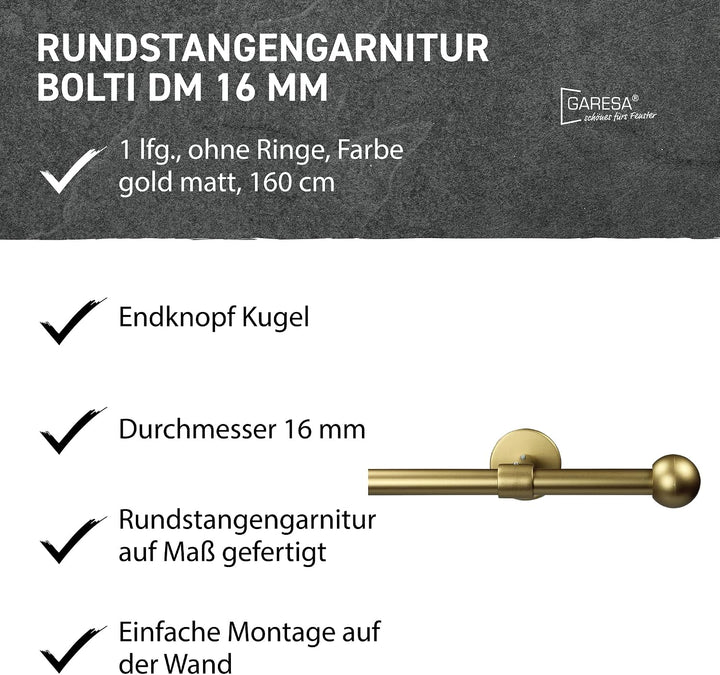 Garesa Gardinenstange Bolti Ø 16mm, 1-läufig, Gold, matt I Stabile Vorhangstange ohne Ringe I Mit En