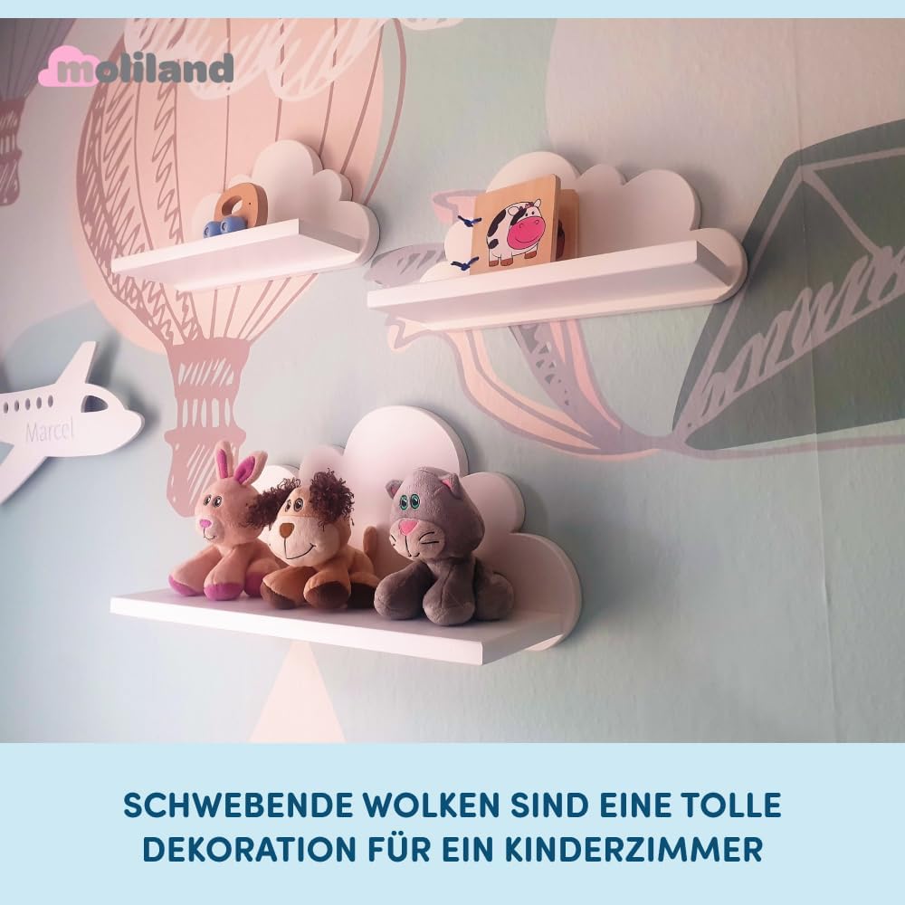 3er Set Wandregal Kinderzimmer Weiss | Babyzimmer Wolkenregal für Bücher, Spielzeug, Dekoration | Re