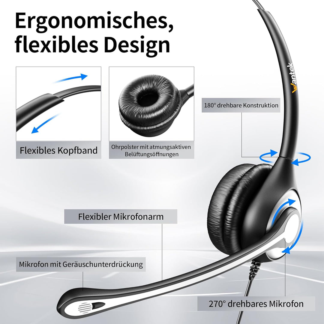 Wantek 602F Headsets mit Kabel Noise Cancelling Mikrofon USB 3,5mm Stecker und Typ-C Adapter für Com