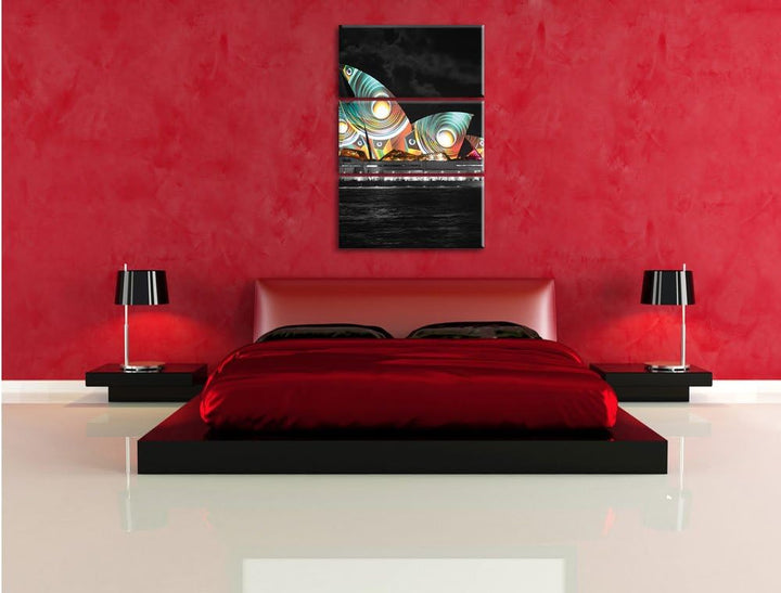 Pixxprint beeindruckende Sydney Opera House Pfauenaugen schwarz/weiss 3-Teiler Leinwandbild 120x80 B