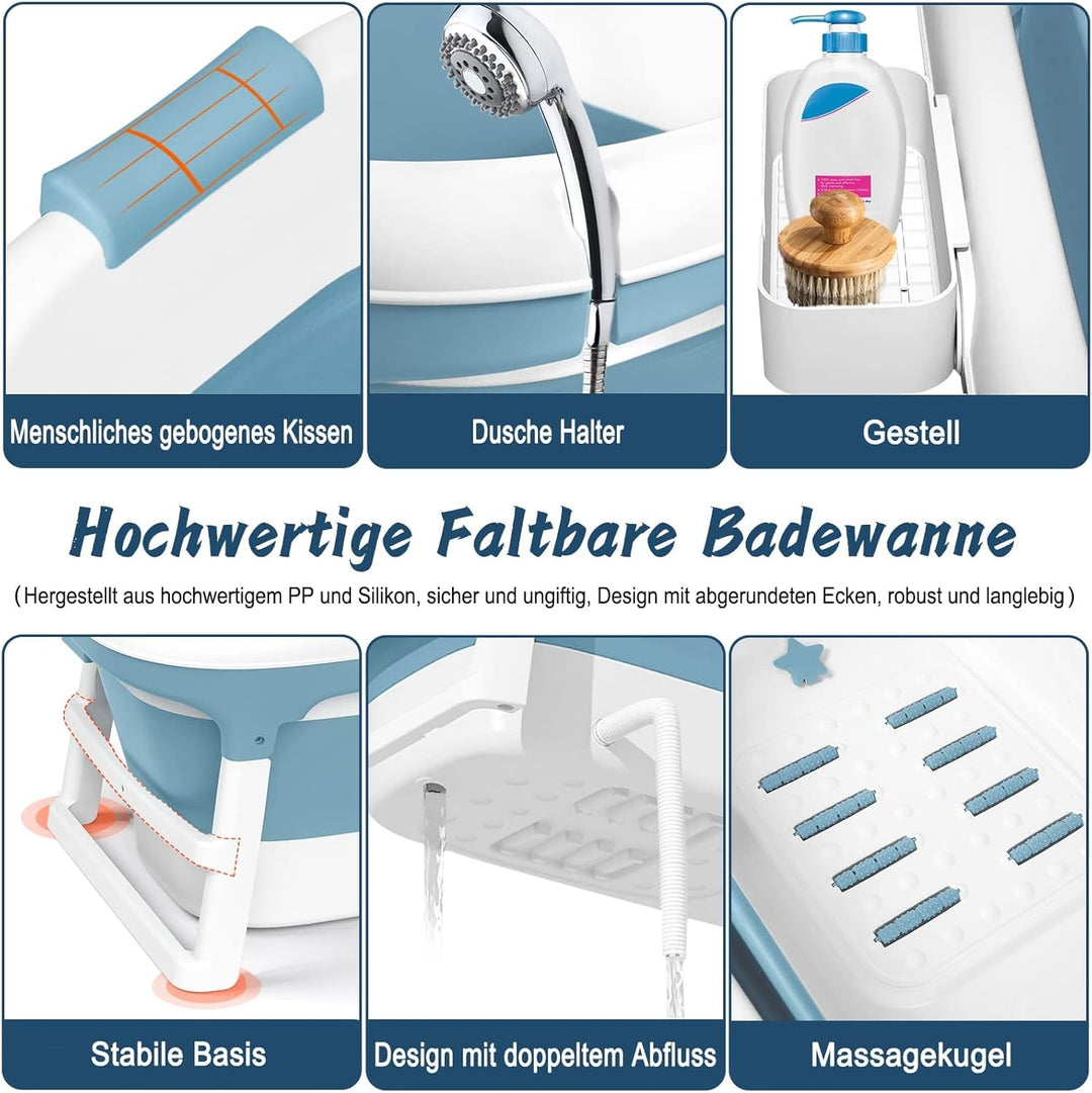 Faltbare Badewanne für Erwachsene, 128x62x52 cm Mobile Klappbadewanne, Ideal für Kleine Badezimmer,