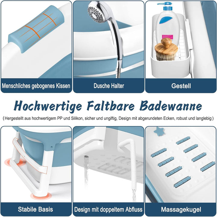 Faltbare Badewanne für Erwachsene, 128x62x52 cm Mobile Klappbadewanne, Ideal für Kleine Badezimmer,