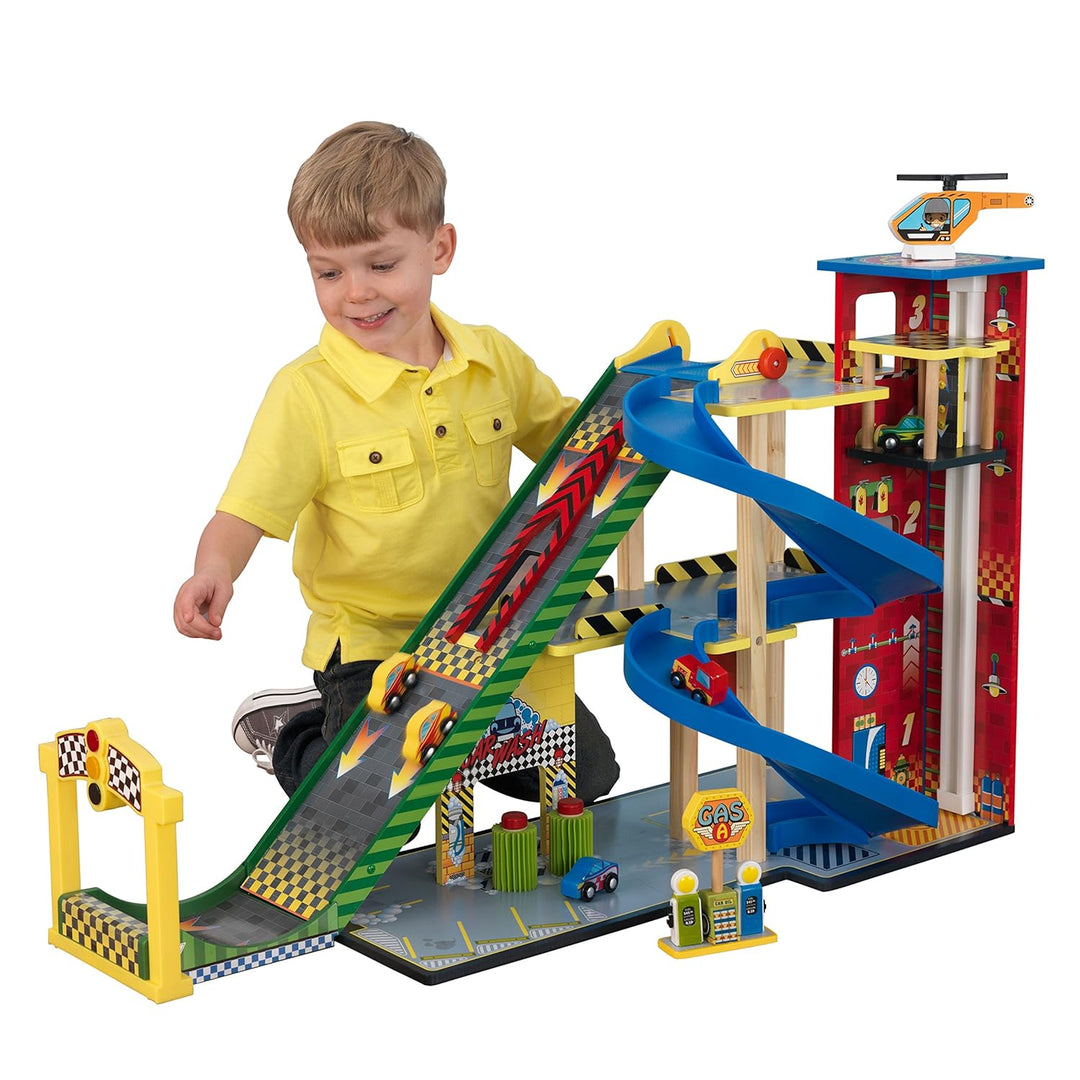 KidKraft 63267 Rennwagen Rennbahn-Set mit Mega-Rampe aus Holz,