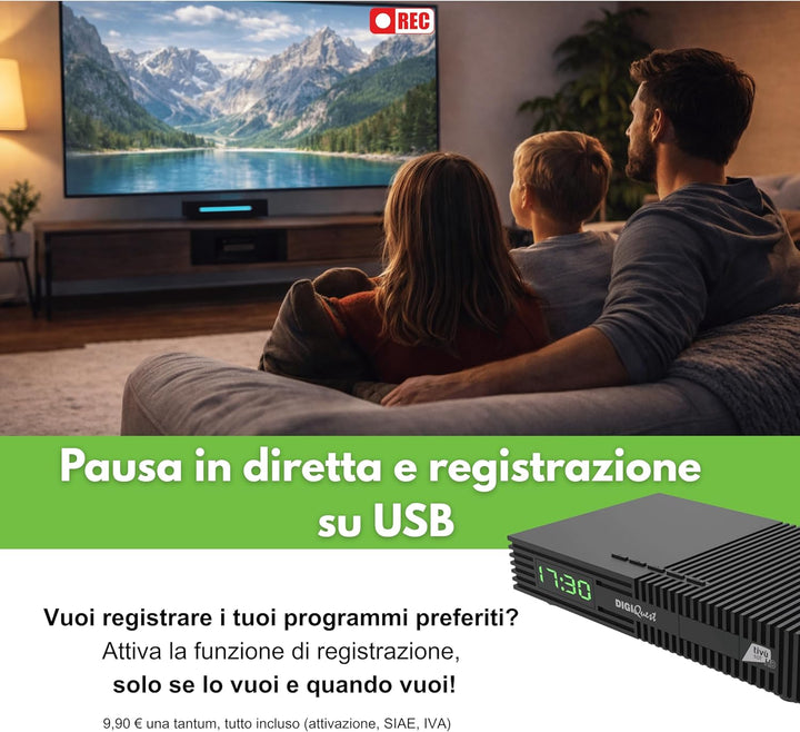 Digiquest Tivùsat Ti9 DVB-S2 Decoder mit Fernbedienung 2 in 1, schwarz, inklusive Tivusat-Karte, Auf