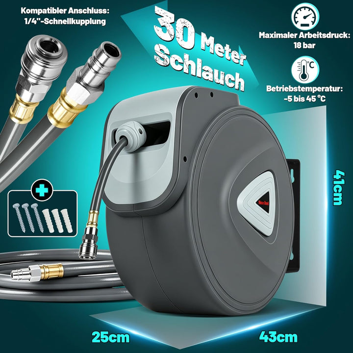 Ansobea Druckluftschlauch, 30m Kompressor Schlauchtrommel Automatik Druckluftschlauchtrommel Aufroll