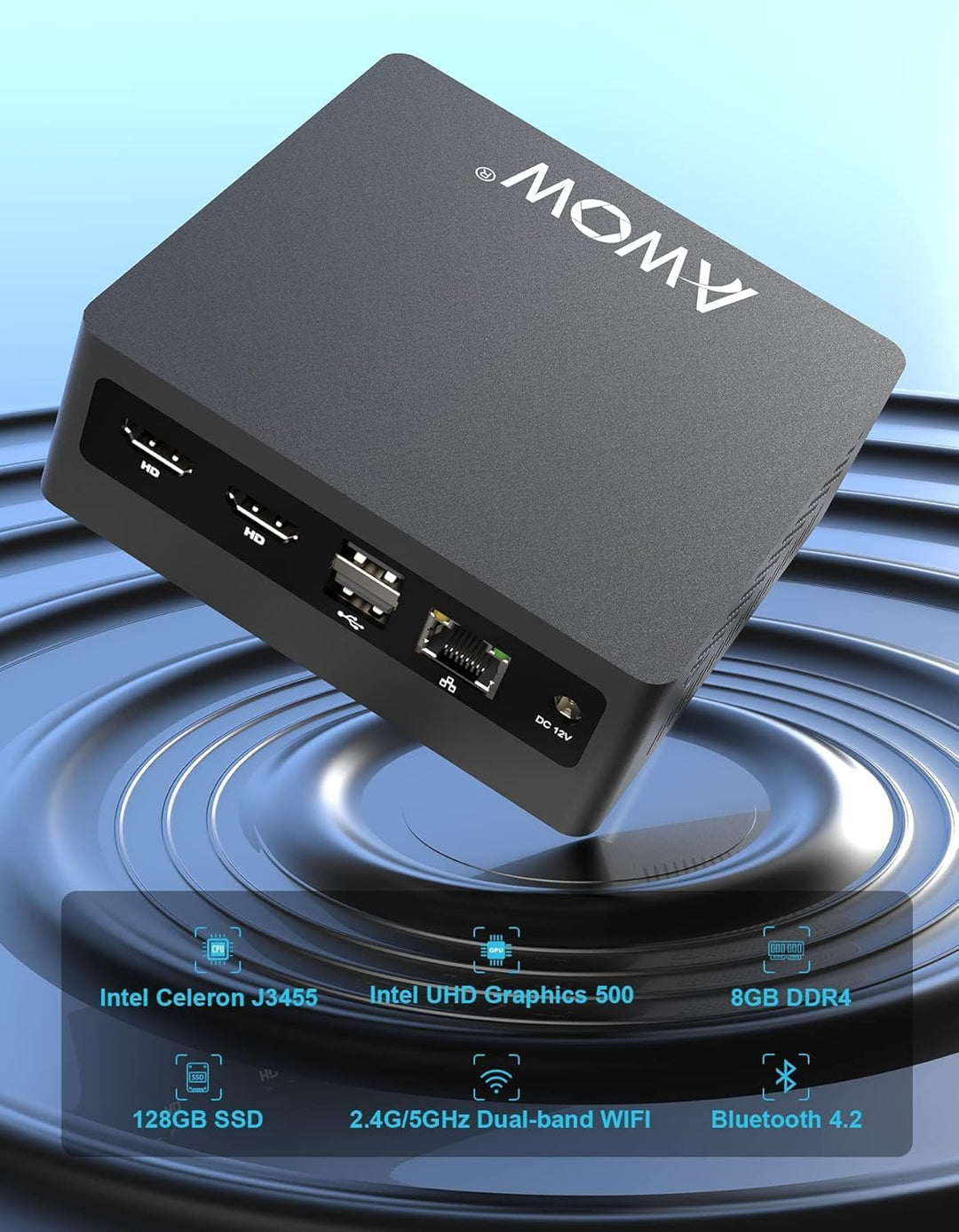 AWOW Mini PC Celeron J3455 8GB DDR4, 128GB M.2 SATA SSD, 4K HD, Dual HDMI, 2.4G/5G Dual WiFi, Gigabi