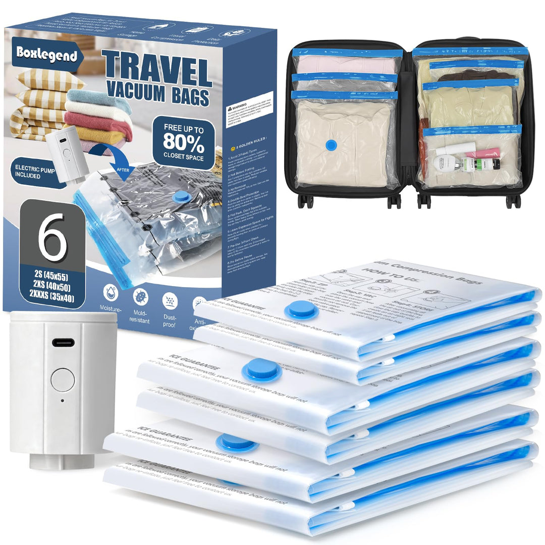 BoxLegend Reise Vakuumbeutel mit Elektropumpe 6 Stück Vakuum Aufbewahrungsbeutel 2S+2XS+2XXS Vakuum