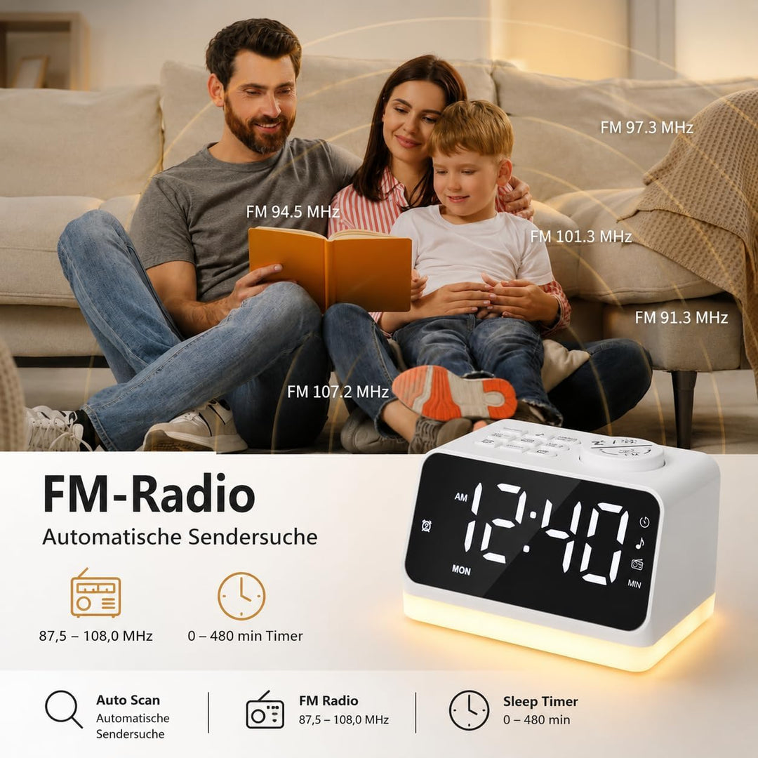 Digitaler Radiowecker für das Schlafzimmer – 8-farbiges Nachtlicht (0-100% dimmbar), Doppelalarm mit