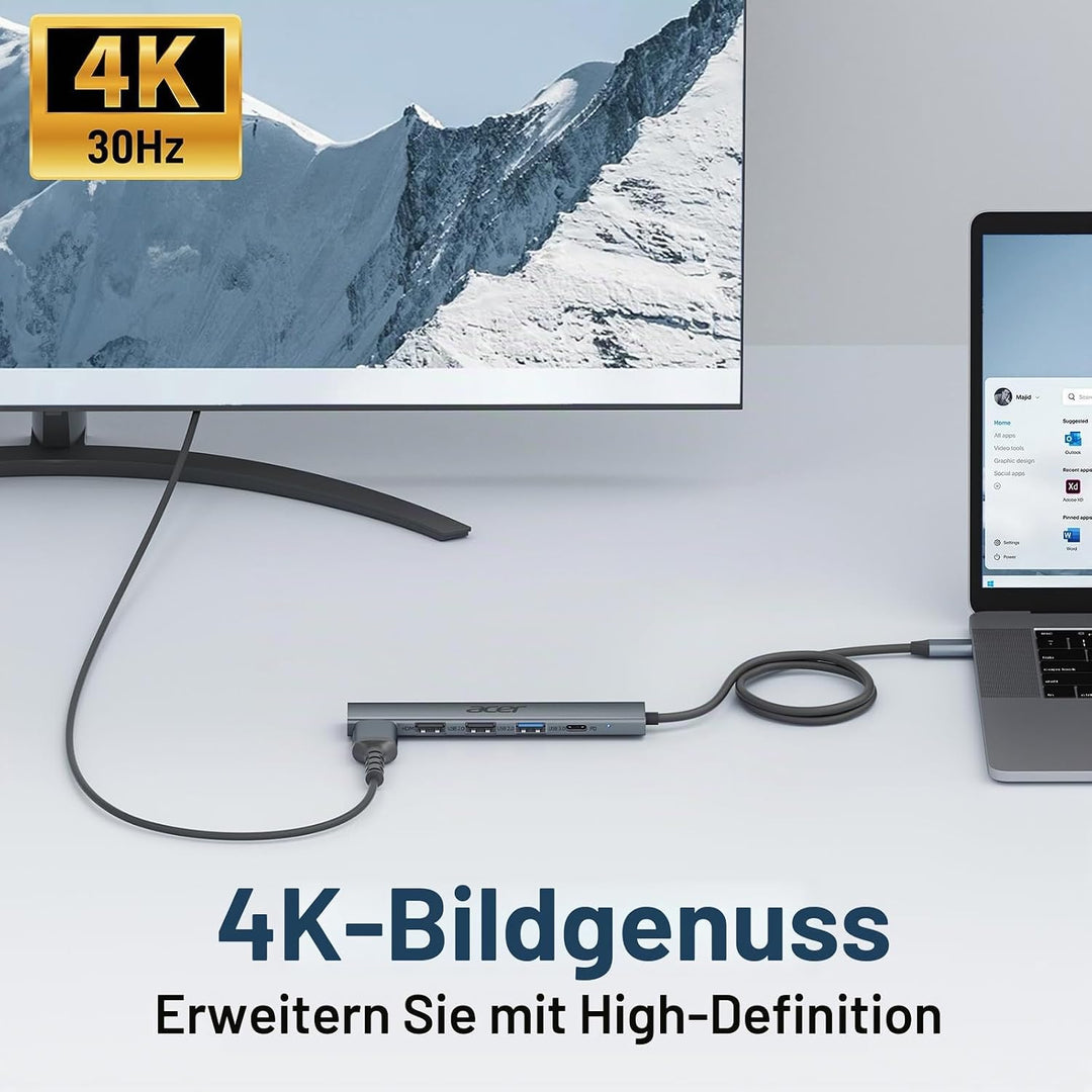 acer USB C Hub 5 in 1, Tragbarer 4K HDMI Adapter PD 100W, 3X USB-A Datenport, USB C auf HDMI Adapter