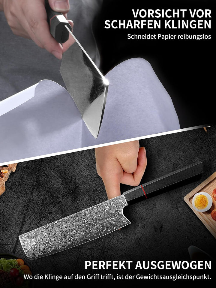 Plys 17cm Japanische Nakiri Damastmesser: Scharf Küchenmesser - Stahl Damast Messer Profi Japanische