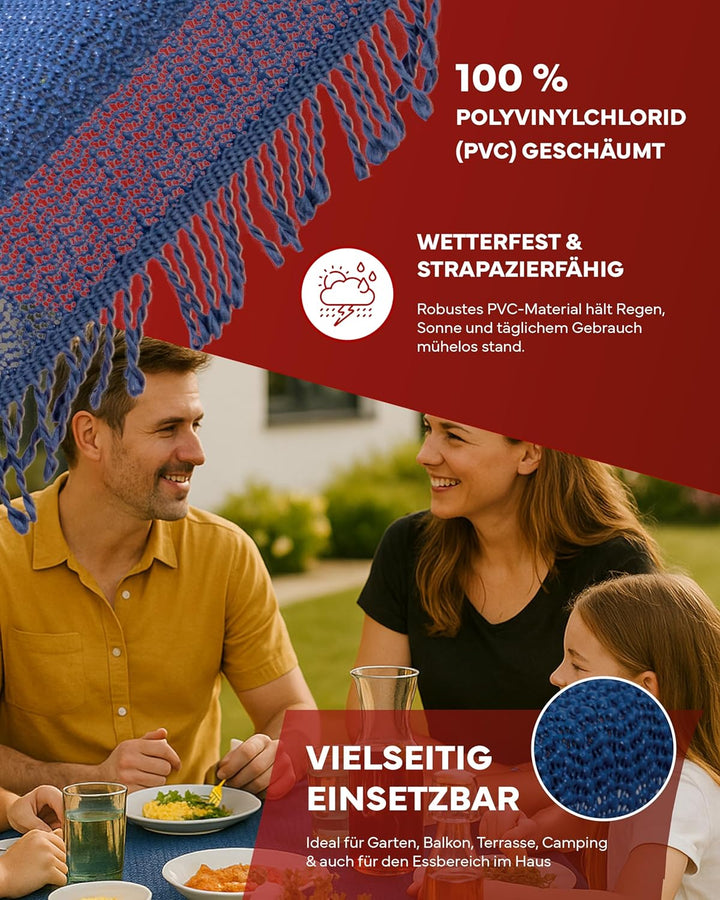 texpot Gartentischdecke mit Fransen - wetterfest - geschäumt - rutschfest (160 x 220 cm oval, Blau)