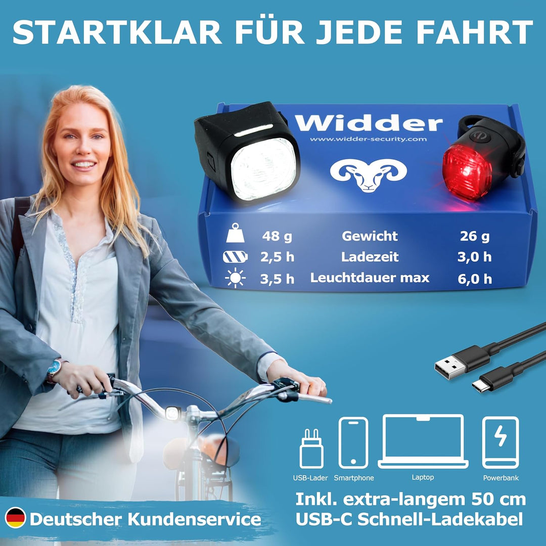 WIDDER Fahrradlicht Vorne & Hinten als Set [Sehr Hell 90 Lum LED] - Fahrrad Licht USB C Aufladbar -